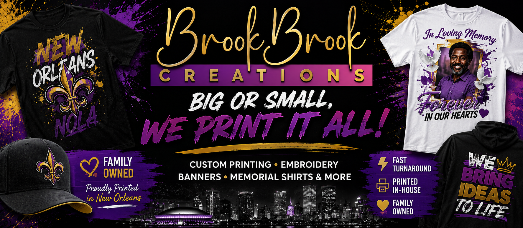 Promotional banner for Brook Brook Creations with customizable products and contact information.